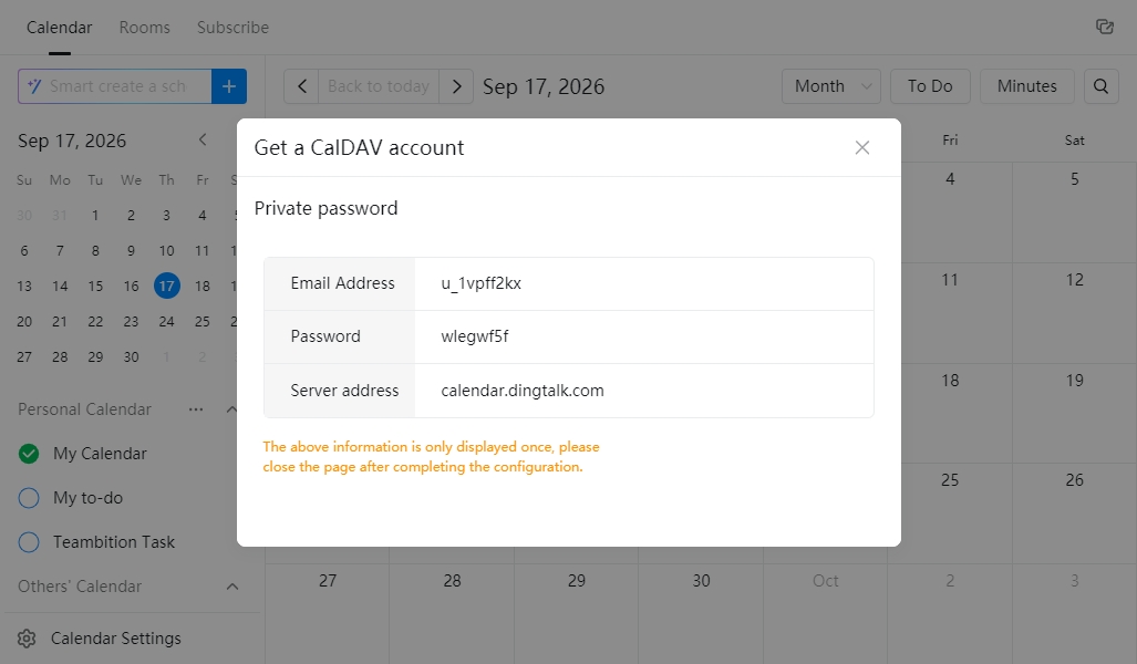 Copy DingTalk CalDAV credentials