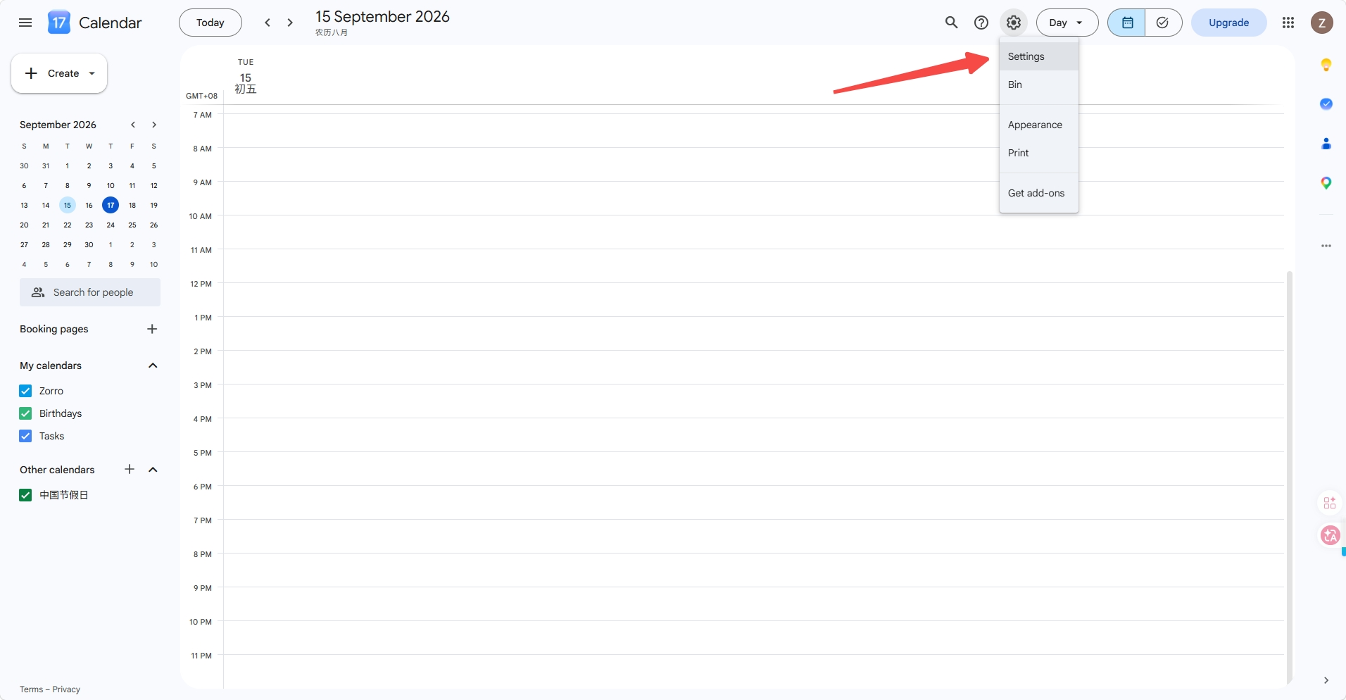 Open Google Calendar settings