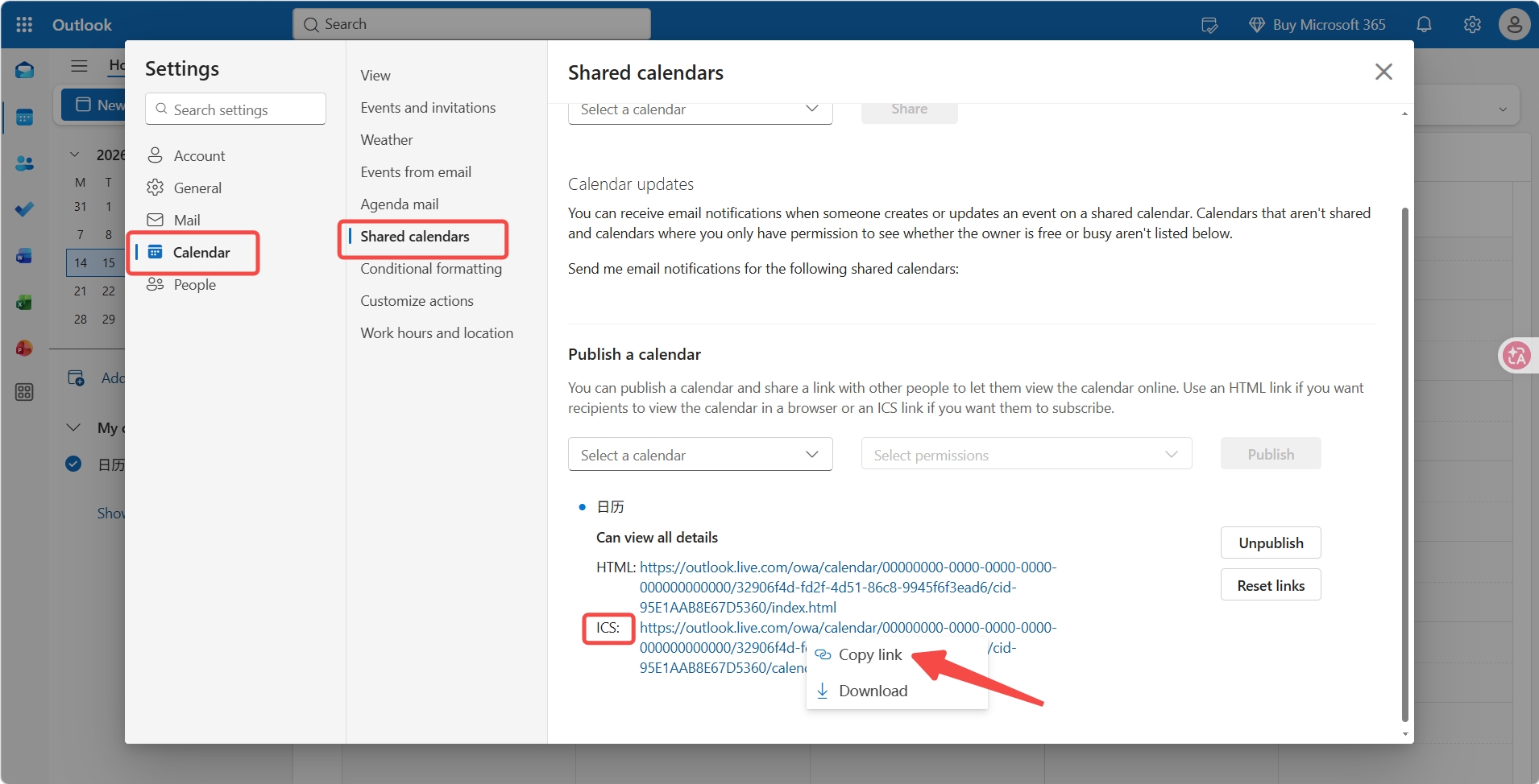 Publish an Outlook calendar and copy the ICS link