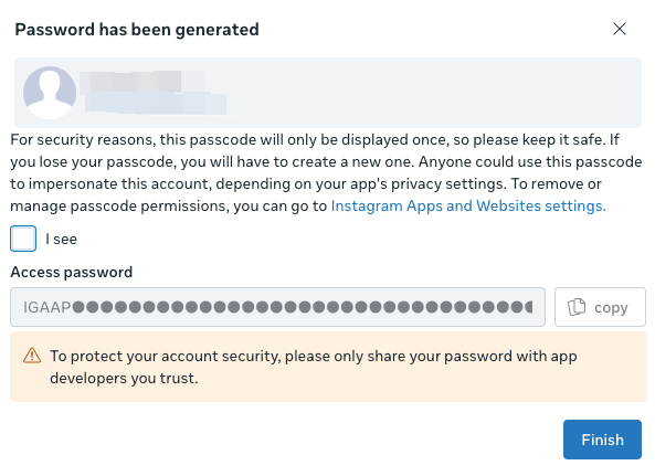 复制生成的 Instagram Access Token